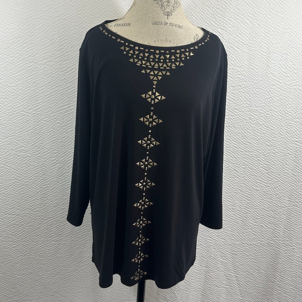 Ruby Rd. black knit top with gold embellished neck and center front tunic 1X - Picture 1 of 6